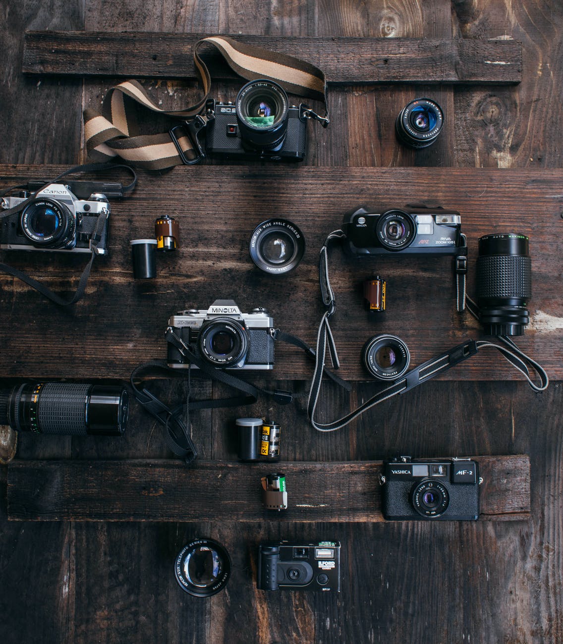 collection of vintage cameras on surface